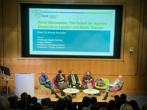 LAPRHN CONFERENCE photo: Showing participants in a panel discussion on the future for applied research in London and North Thames: Dr Somen Banerjee, Prof Kevin Fenton, Vicky Hobart, Prof Rosalind Raine, Prof Trevor Sheldon